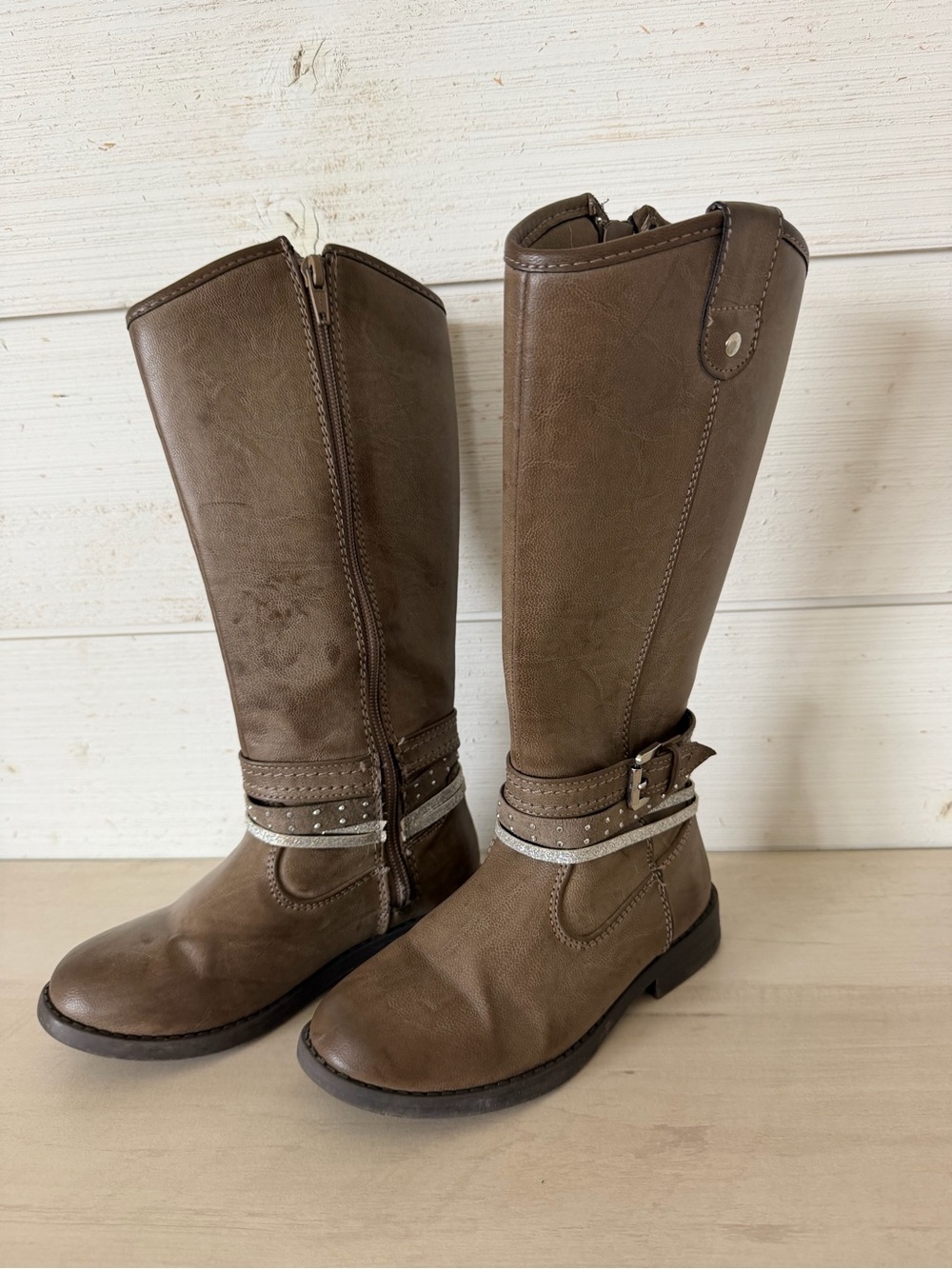 Raylenestone Girls Knee High Boots Size 12 M Brown Zip Buckle Glitter Studded